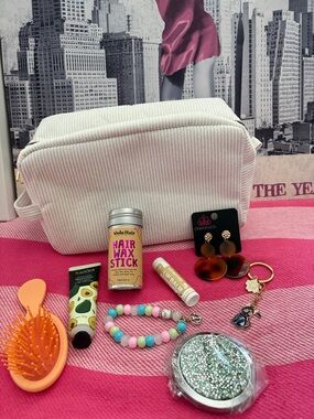Cream Corduroy Cosmetic Bag with Pink Accessories